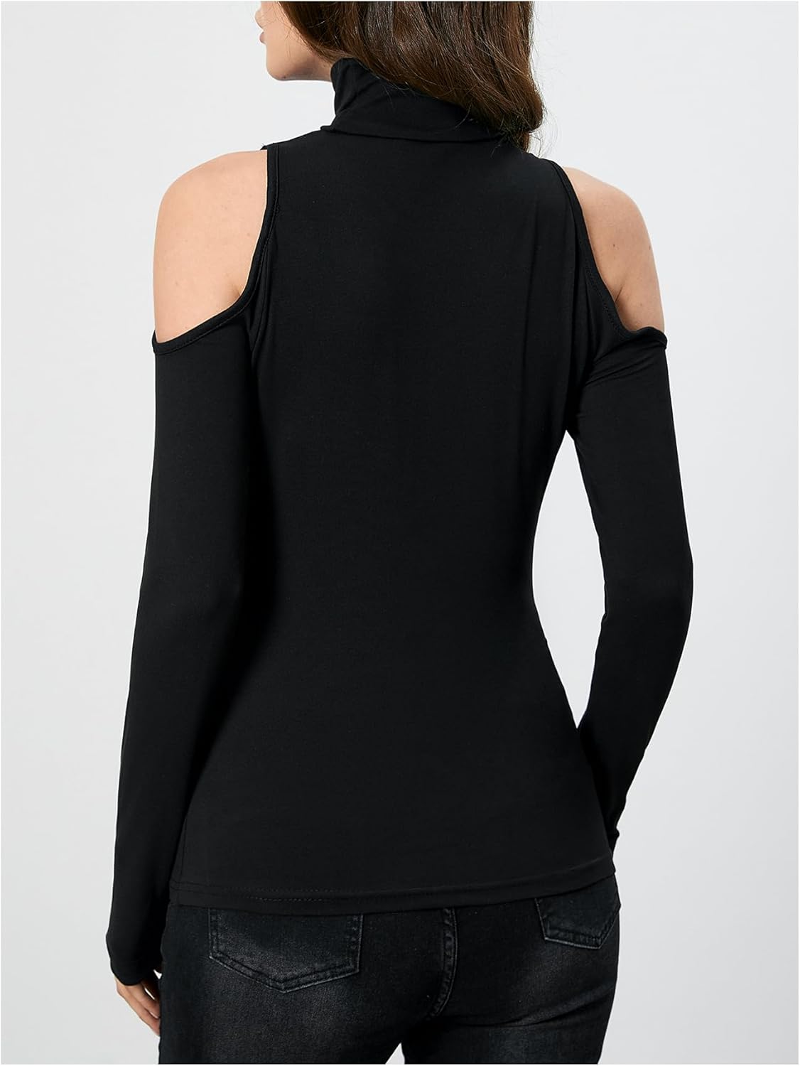 Women's Turtleneck Cut Out Cold Shoulder Tops Tee Long Sleeve Slim Fit Casual Basic T Shirt - Image 2