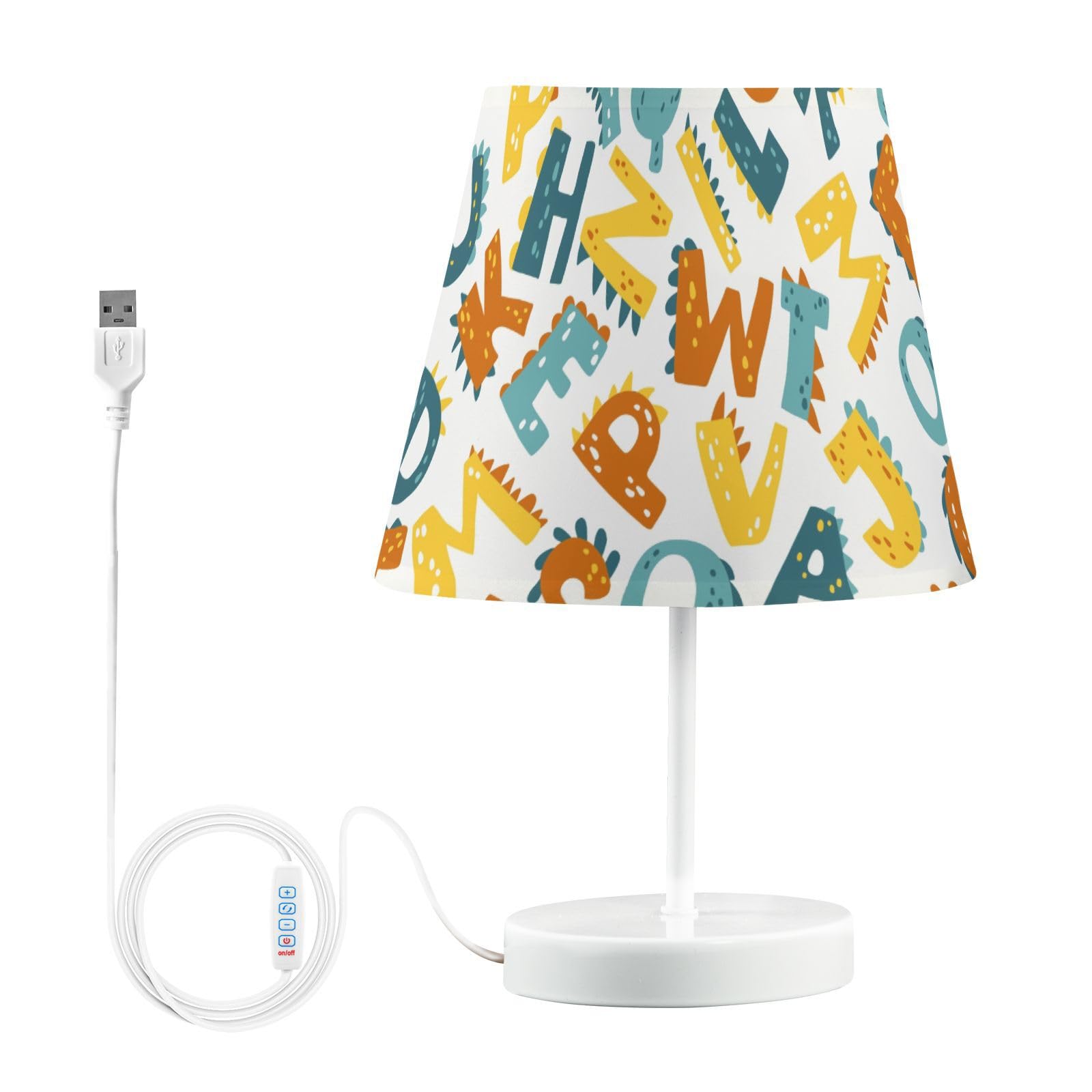 Mnsruu Lámpara de mesita de noche con dibujos animados de dinosaurio, letras infantiles, lámpara de mesa, bombillas LED, lámpara de escritorio, pantallas de tela para dormitorio, sala de estar, tamaño