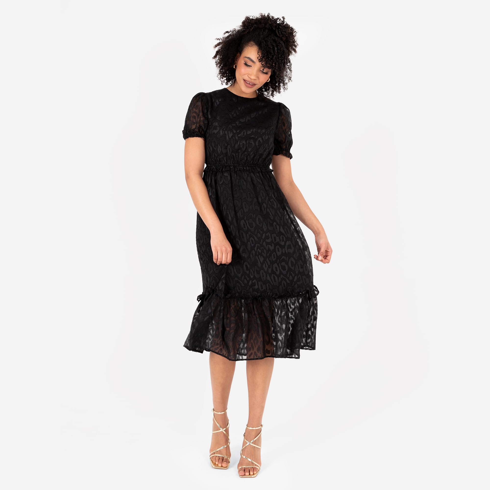 Lovedrobe Damen Women's Ladies Midi Dress Round Neckline Short Puff Sleeve Tiered Hem Ruffle Animal Print A-line Casual Occasion Dress (1er Pack)