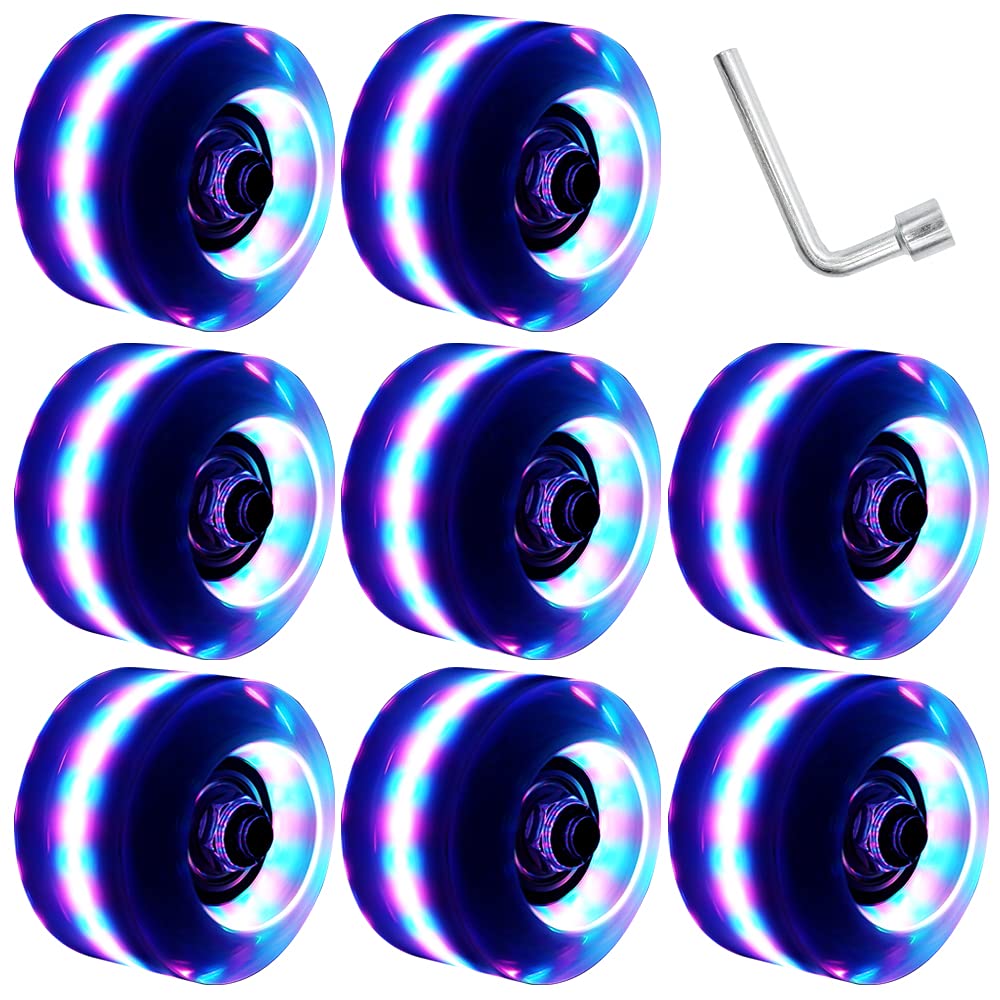 Nezylaf Light Up Roller Skate Wheels 8 Pack, 78A Hardness LED Skateboard Wheels with Premium ABEC-9 Bearings, Illuminating Roller Skate Accessories for Outdoor Indoor Quad Skates