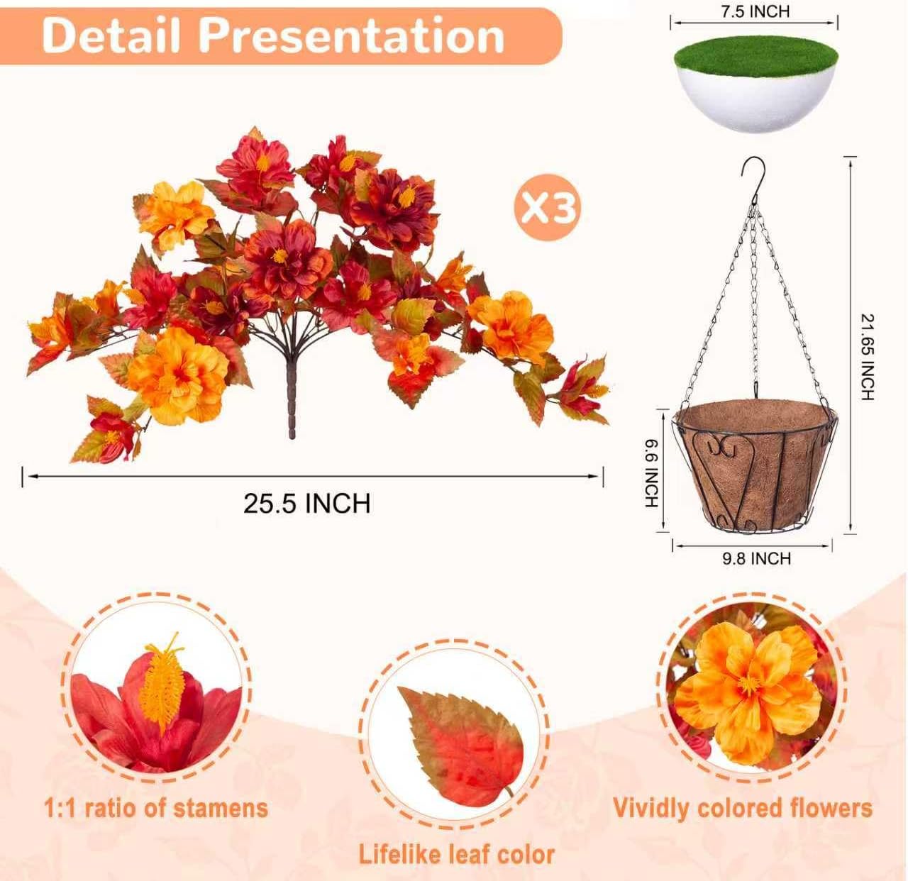 Artificial Fake Fall Hanging Flowers with Basket for Outdoors Decoration 3PCS Faux Fall Flowers for Outdoor Planters UV Resistant No Fade Silk Hibiscus for Home Porch Patio Garden Balcony Yard Decor - Image 2