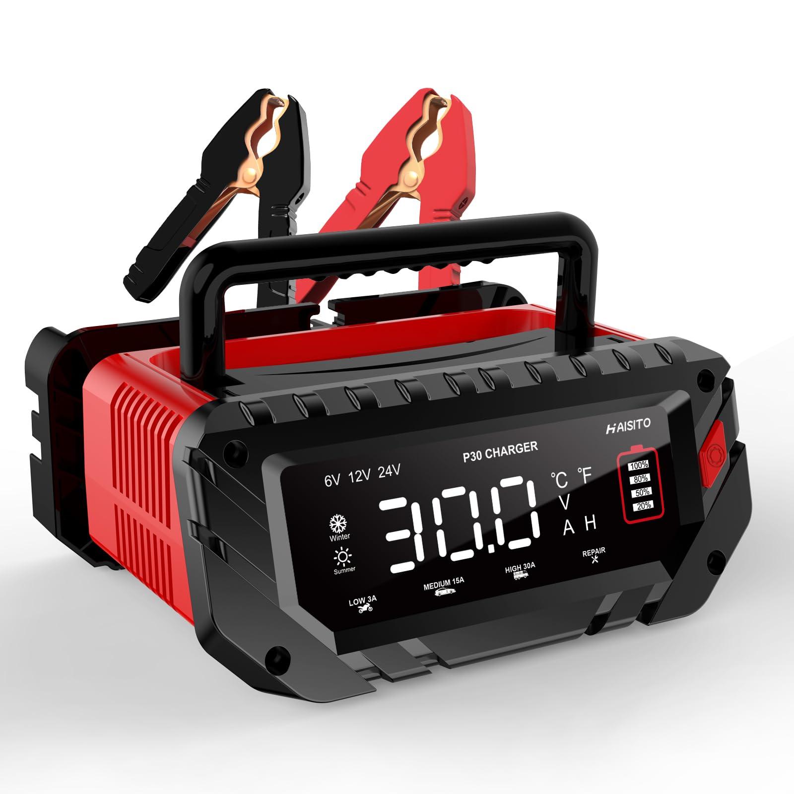 Cargador de batería de coche P30 de 6 V/12 V/24 V, carga rápida inteligente para baterías de iones de litio LiFePO4 de plomo-ácido (AGM, gel, EFB, etc. ), adecuado para vehículos, barcos, maquinaria