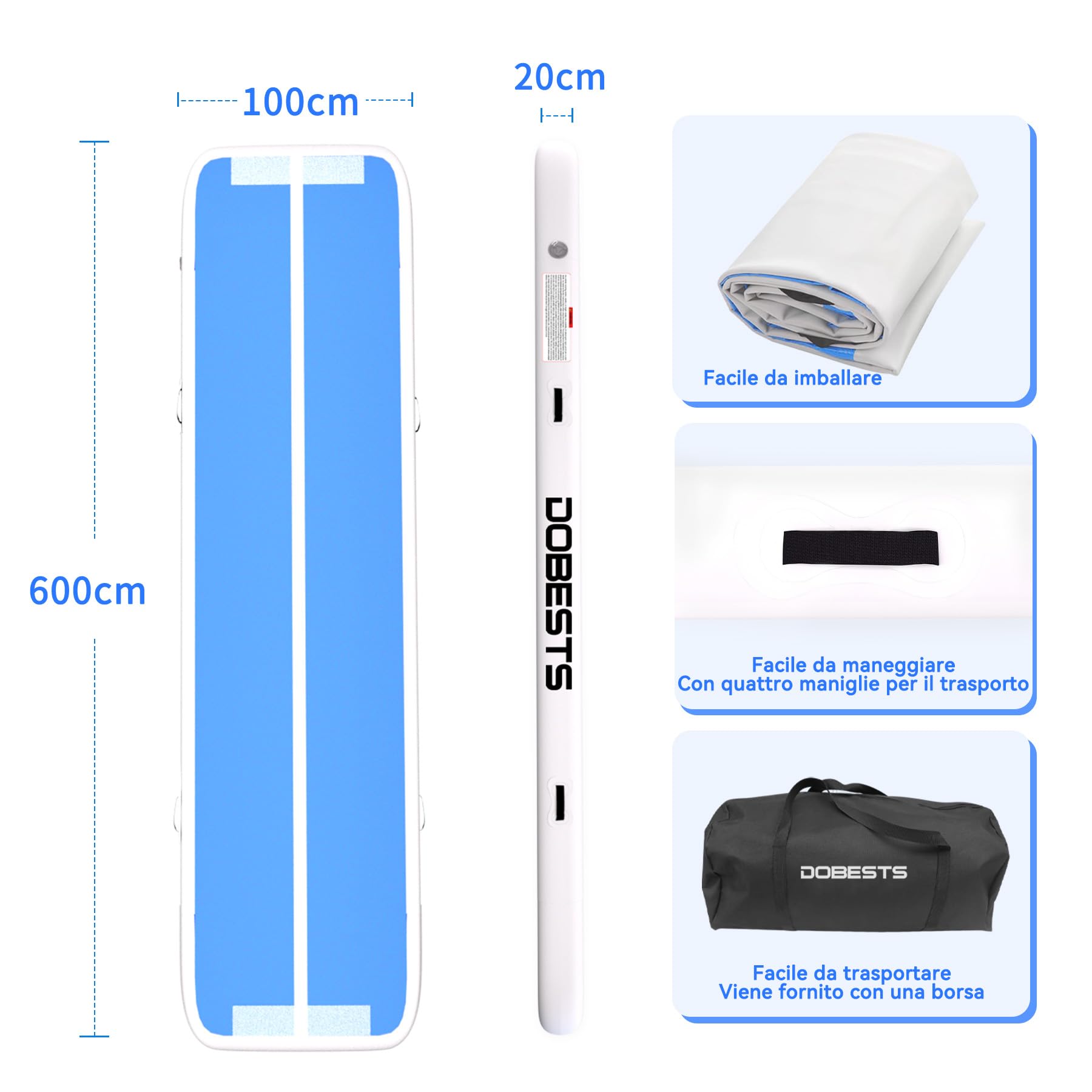 Air Tracking Mat - Tappetino da ginnastica, altezza 10-20 cm, gonfiabile, misura 2/3/4/5/6/7/8 m, con pompa ad aria elettrica