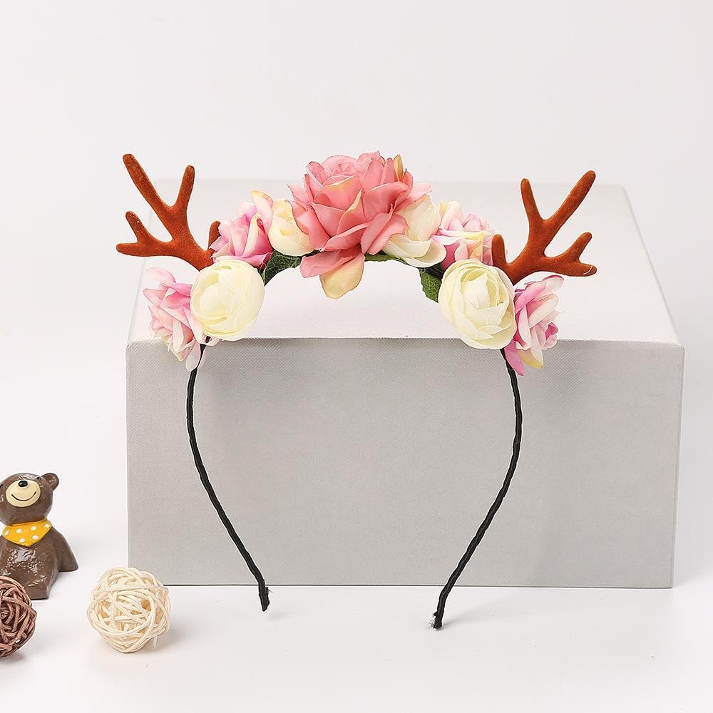 Christmas Flower Deer Headband,Flower Crown Reindeer Antlers Headband,Xmas Hair Accessories Festival Photo Props Floral Wreath Headdresses Forest Fairy Costume Photography Hair Hoop for Women Girl - Image 4