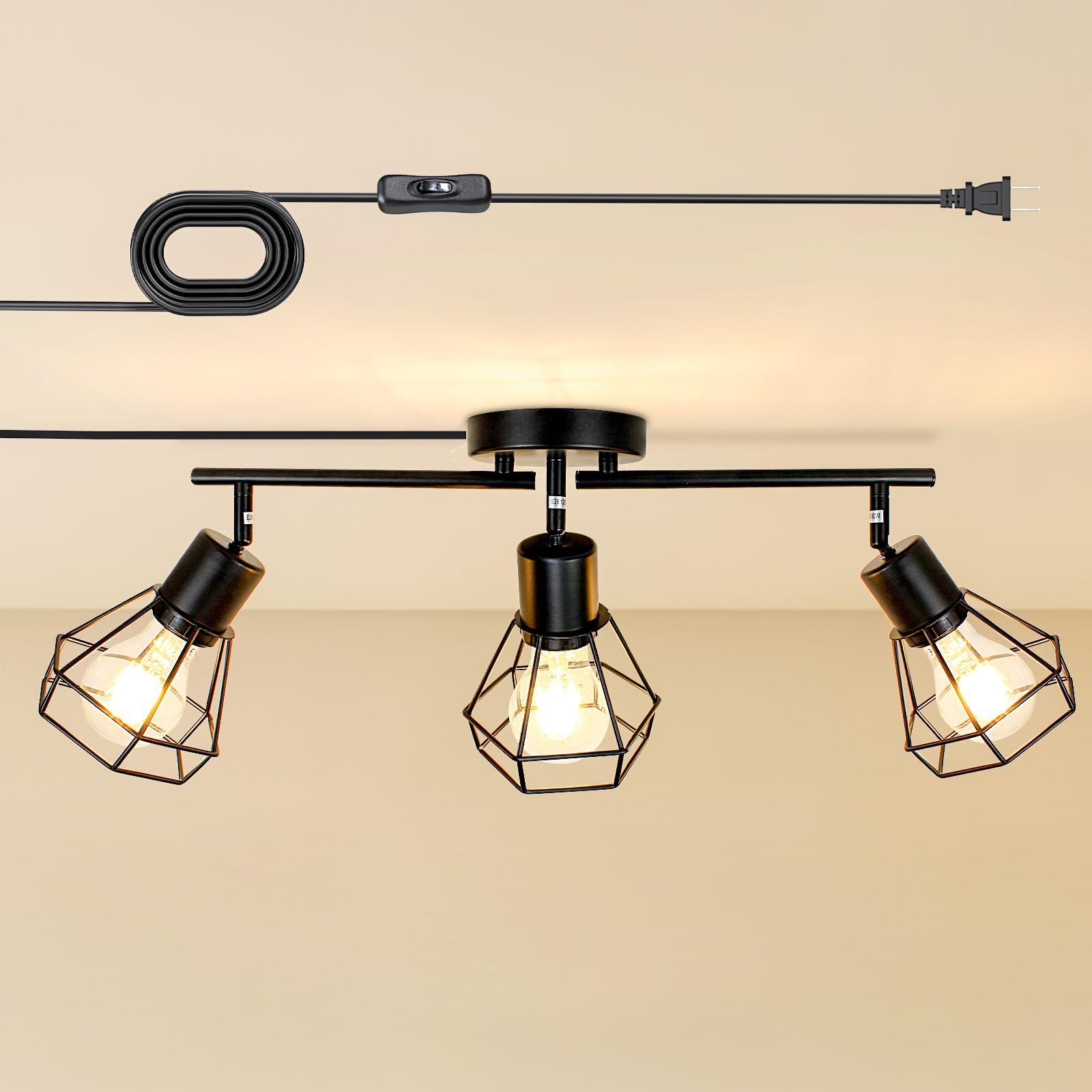LTBLIGHT 3-Light Plug in Ceiling Light with 16.4ft Power Cord &amp; Switch