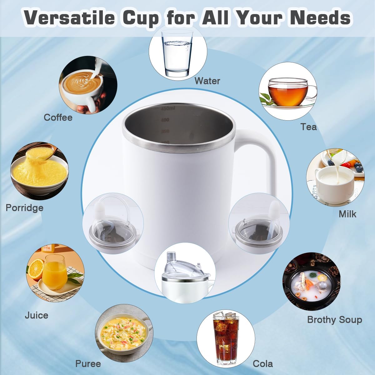 Adult Sippy Cups for Elderly Spill Proof, 3 in 1 Stainless Steel Sippy Cup, 15oz Spill Proof Cup with Straw, for Disabled Adults, Elderly, Hospital Use (White) - Image 3