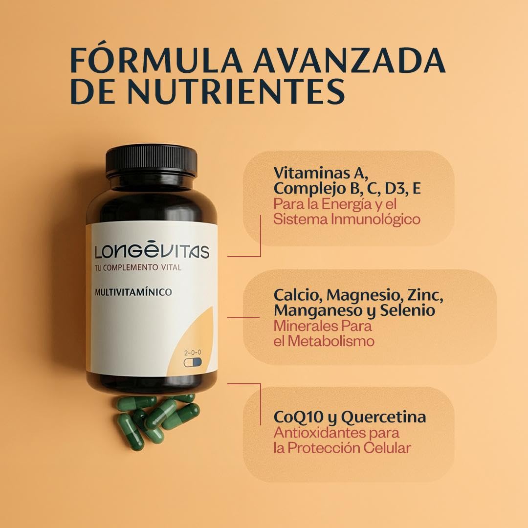 Longévitas Multivitamínico, CoQ10 & Quercetina, 2 Meses (120 Cápsulas) | 25+ vitaminas y minerales A-Z, Máxima biodisponibilidad, Energía, piel & sistema inmune, Fabricado en España