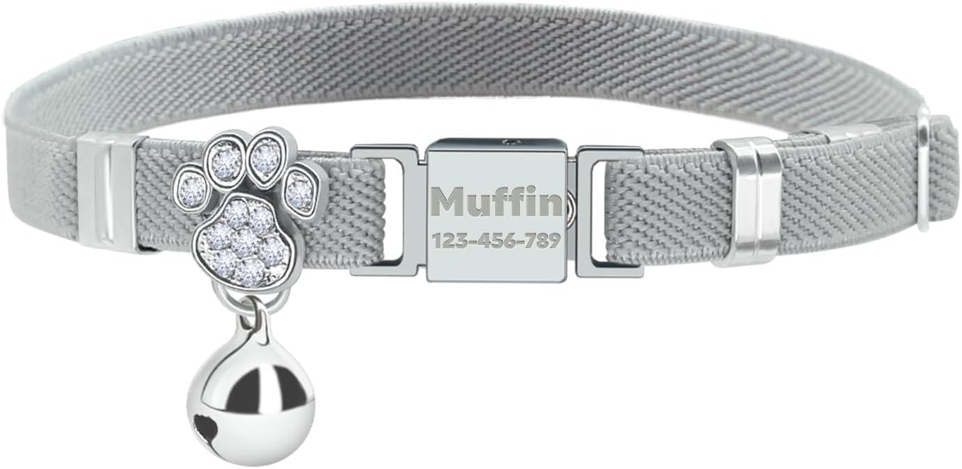 Personalized Safety Elastic Cat Collars with Bell,Laser Customized Stretch Kitten Collars for
