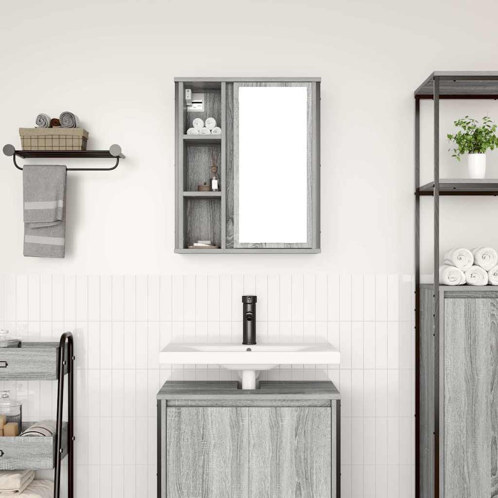 Armoire murale de salle de bain avec miroir gris Sonoma 50 x 21 x 60 cm avec espace de rangement et étagère pour salle de bain invités WC ordre et espace de rangement pratique