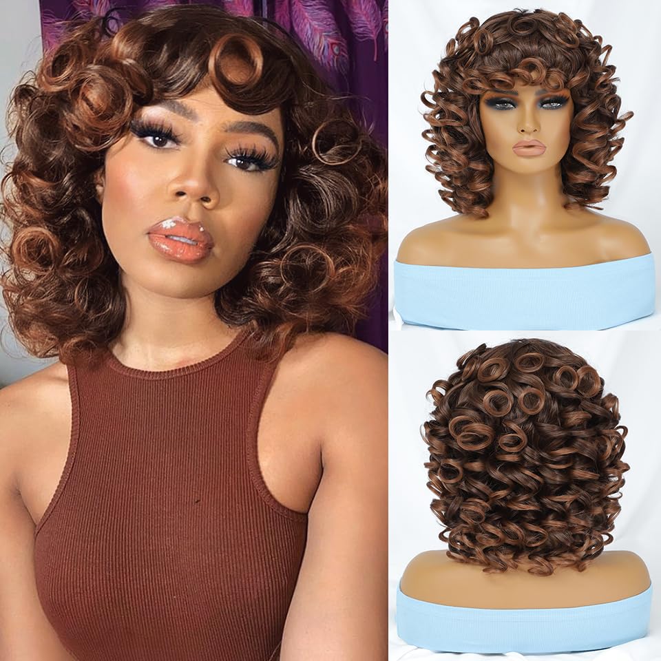 Felek Short Big Curly Wigs with Bangs for Black Women Ombre Brown Color Afro Loose Curl Wigs Heat Resistant Fluffy Bouncy Curly Soft Natural Cute