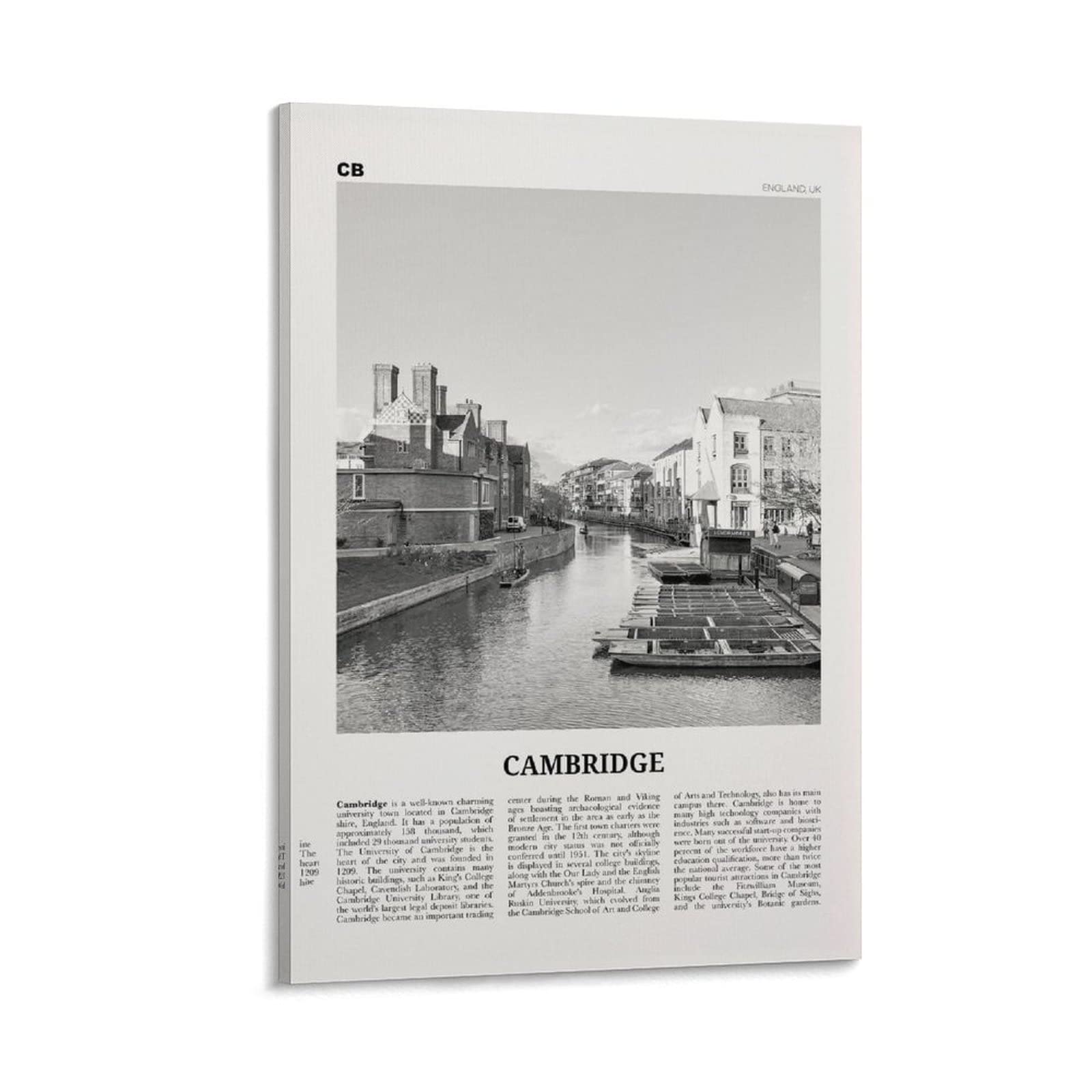 Cambridge Print Black And White England, Cambridge Wall Art, Cambridge Poster, Cambridge Photo, Camb Posters Aesthetic Canvas Wall Art Print Retro Wall Decor Frame 24x36inch(60x90cm)