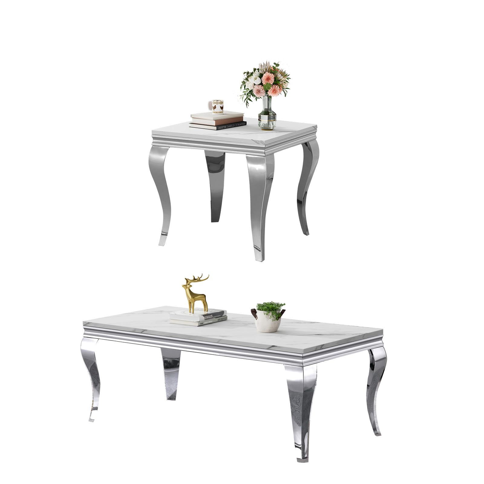 Luxury Coffee Table Set of 2, Rectangular Coffee Table with End Side Table, Modern 2 Piece Living Room Table Set with Faux Marble Top &amp; Silver Stainless Steel S Legs for Apartment Home Office