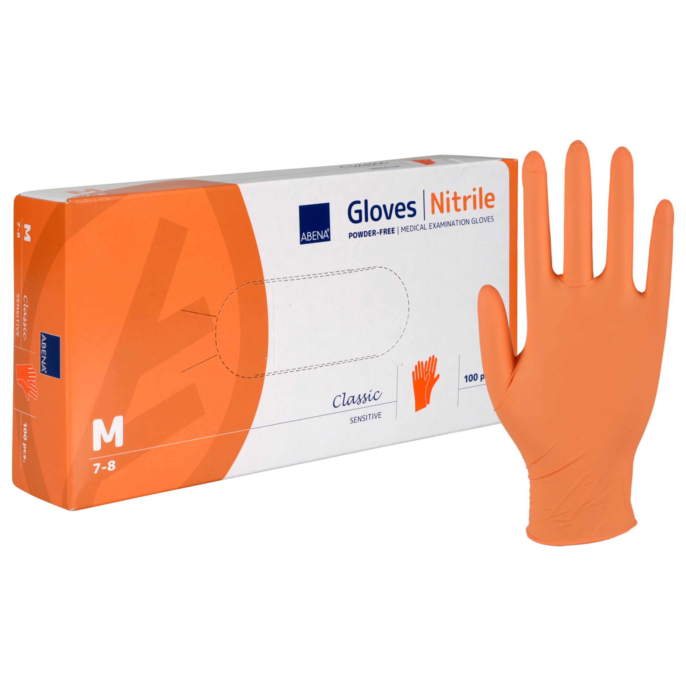 ABENA Orange Disposable Nitrile Gloves, Medium, Pack of 100, Powder Free, Latex Free, Examination Gloves for Cleaning, Food Prep, Beauty, Medical & Hygiene, Strong Single Use Protective Gloves