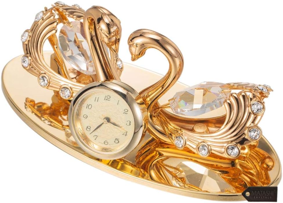 Matashi 24K Gold Plated Loving Swans Figurine Clock – Elegant Tabletop Ornament - Gift for Mom, Wife, Grandma, Daughter – Thoughtful for Mother’s Day, Birthday, Christmas - Home, Office, Bedroom Decor