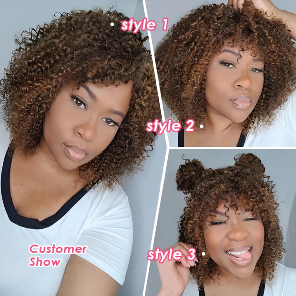 JOEDIR HAIR 250% Density Short Kinky Curly Wig with Bangs Human Hair for Black Women 12 inch Highlight Brown Short Curly Bangs Wig Curly Bob Glueless Wig - Image 4