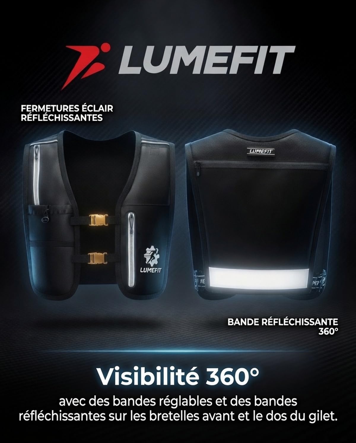 LUMEFIT Gilet Running - Gilet Réfléchissant & Sac à Dos Réglable avec Porte-Téléphone, Pochette Imperméable & Gourde 500ml - pour Homme et Femme, Idéal Course à Pied & Trail