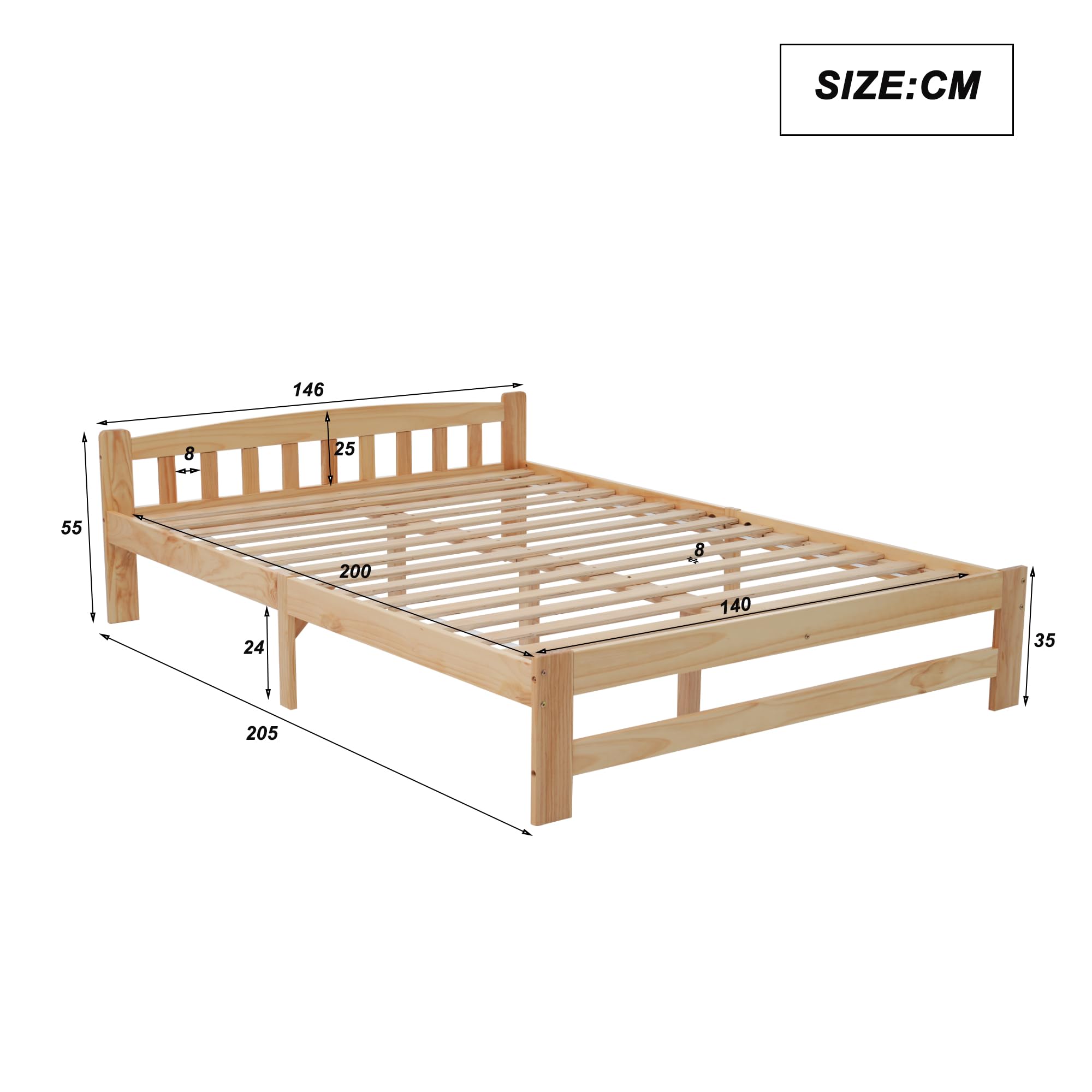 Merax Massivholzbett 140x200cm, Doppelbett aus Holz mit Kopfteil und Lattenrost, hochwertiges Bettgestell, Solide Futonbett, Jugendbett, Erwachsenenbett, ohne Matratze, Natur