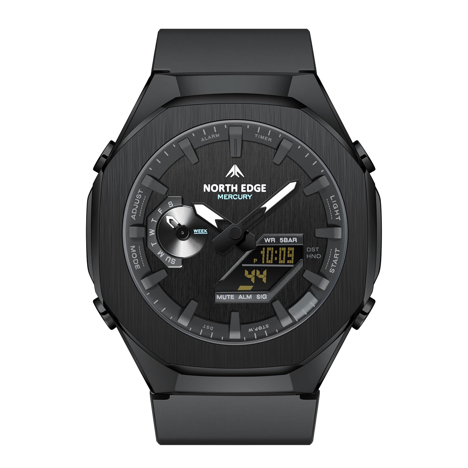 NORTH EDGE Mercury Orologio Uomo Analogico Digitale 50M LED | Orologio uomo analogico-digitale 50M con cronometro, timer, 5 sveglie, ora mondiale, calendario automatico e luce LED.