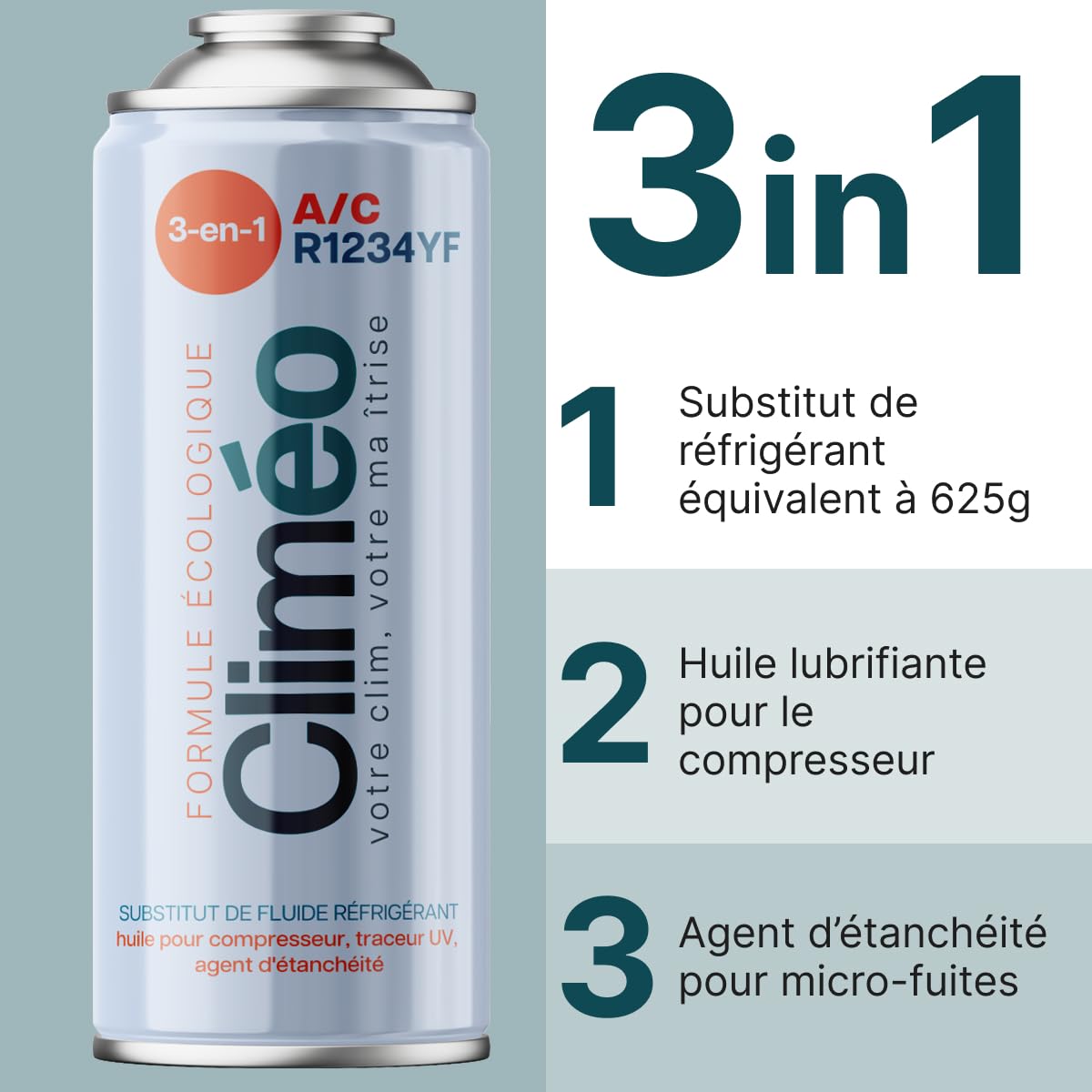 Kit de rechange 3 en 1 pour réfrigérant R1234yf - Remplir vous-même la climatisation - Équivalent à 625 g de réfrigérant avec huile lubrifiante et protection contre la corrosion - Pour voitures