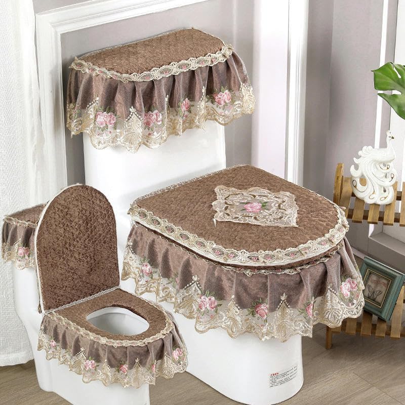 Toilet Lid Cover Set,3PCS/set Velvet Toilet Pads Toilet Lid & Tank Covers Lace Cloth Toilet Seat Cover Pads Lace Toilet Lid Covers(Blauw)(Roze)