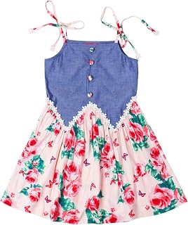 Pspeaches Girls Chambray & Rayon Sleeveless Square Neck Floral Printed Dress with Ribbon Straps Price In India