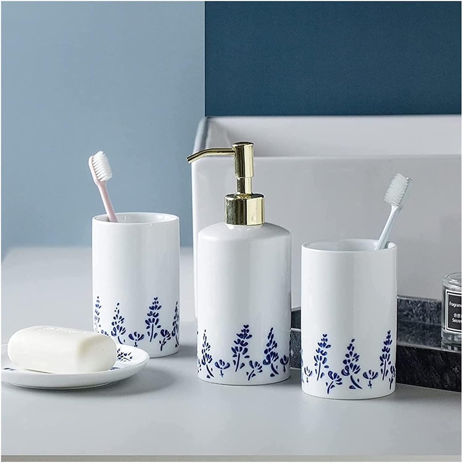 Soap Dispensers Soap Dispenser Bathroom Lotion Dispensers Set - American Blue Leaves Ceramic 4 Piece Soap Dispenser Shampoo Hand Sanitizer Kitchen Bathroom,