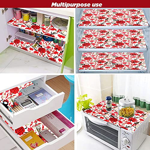 Image of Combo Set of 1 Pc Fridge Top Cover with 6 Utility Pockets And 4 Pc Fridge Mats (Red, Set of 5) (1FC4FM-ROSEFLW-RED)