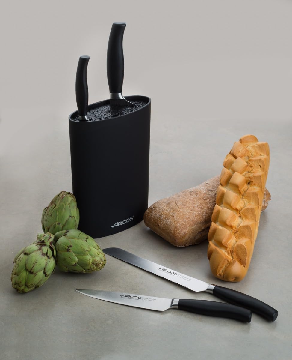 Arcos Juego Cuchillos Cocina Forjados 4 Piezas (Cuchillo Pelador + Cuchillo Cocina + Cuchillo Chef + Cuchillo Pan) Acero Inoxidable Nitrum, Mango Polipropileno POM, Serie Clara, Color Negro