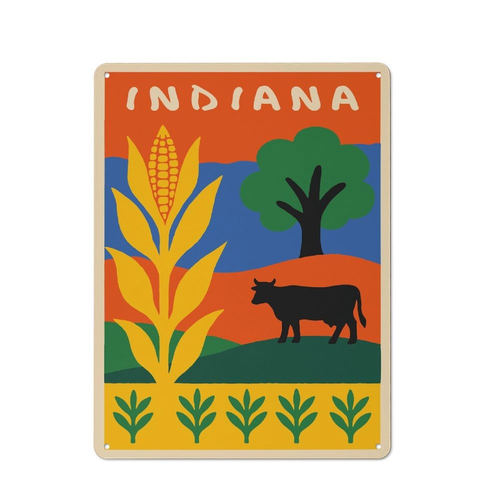 Junmoney Style-11 Indiana Landscape Illustration With Corn And Cow Tin Sign 40X30cm For Living Room Wall, Rustic Wall Decor, For Living Room Decor Lovers