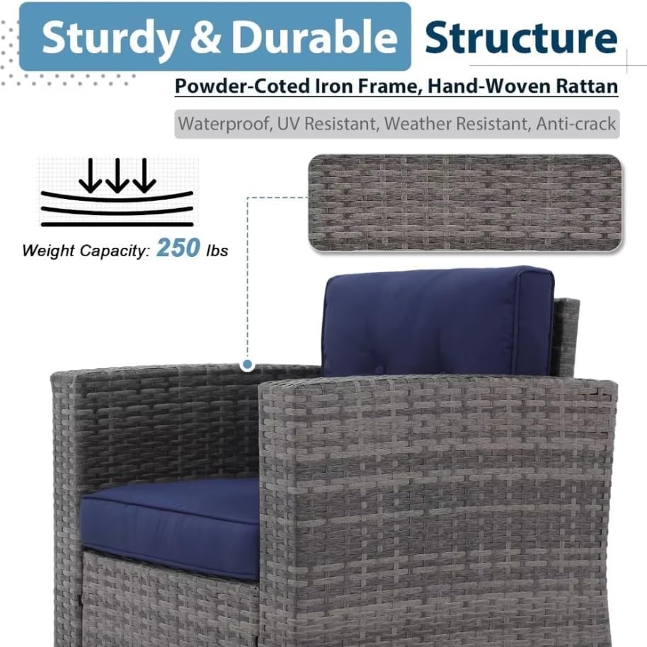 7 Piece Patio Furniture Set Patio Conversation Set All Weather PE Wicker Outdoor Sectional Sofa with Ottoman and Tempered Glass Coffee Table for Garden Backyard