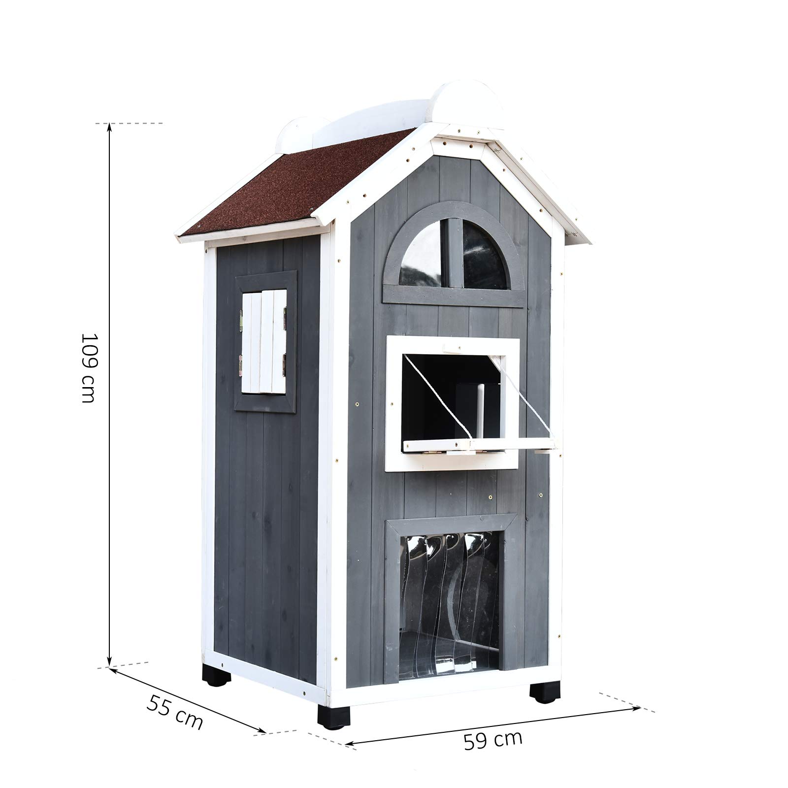 PawHut Katzenhaus für Draußen 2-stöckiges Katzenhaus aus Tannenholz, wetterfest Katzenhütte mit Asphaltdach, Grau, 59 x 55 x 109 cm