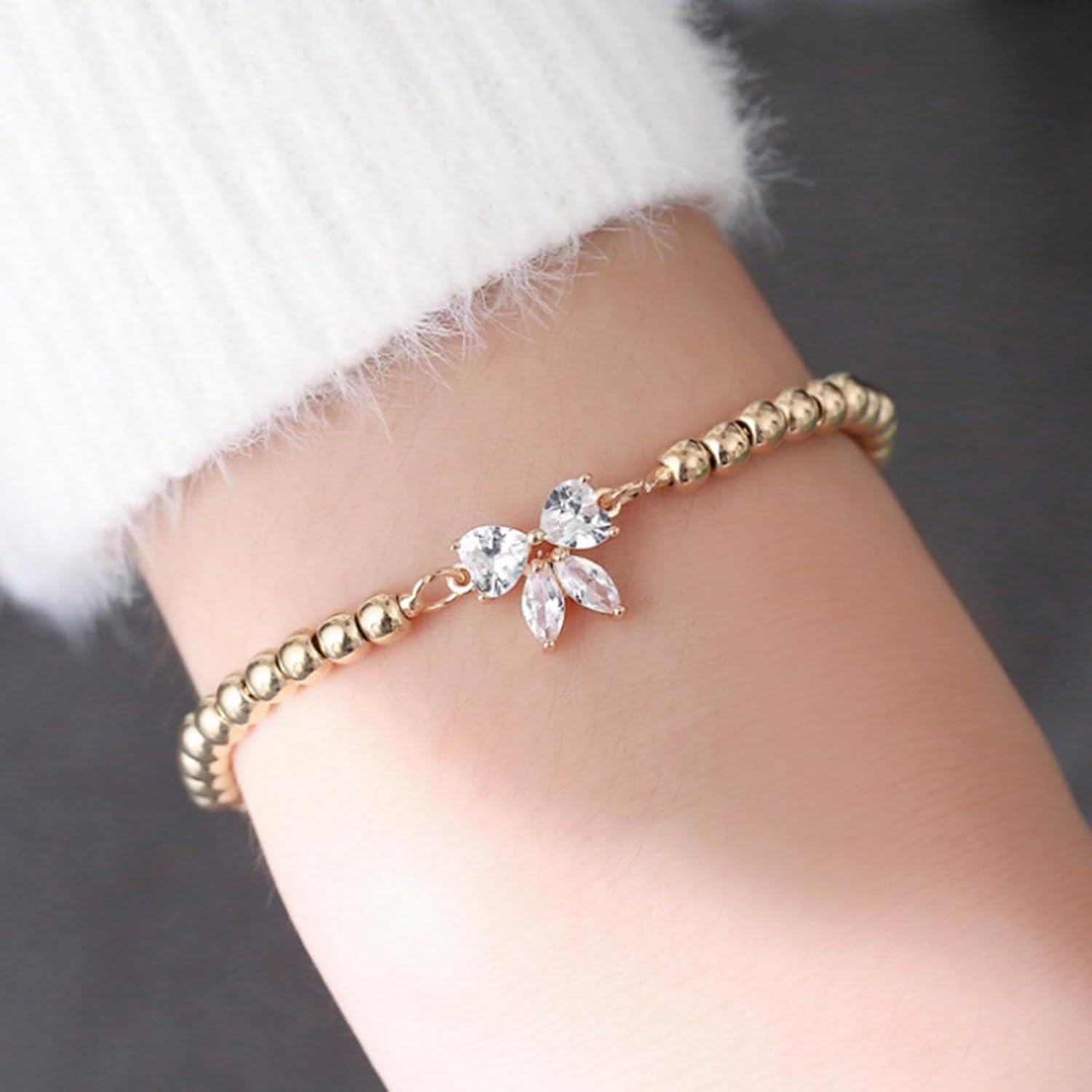 Vintage Tiny Rhinestone Butterfly Bracelet Gold Bead Chain Bracelet Cz Butterfly Hand Chain Bracelet Adjustable Beaded Crystal Bracelet Hand Chain Jewelry for Women - Image 2