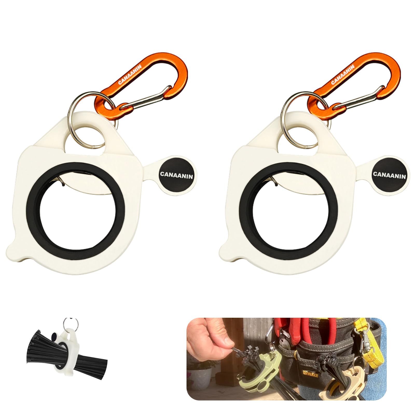 CANAANIN Zip Tie Holder Cable Tie Holder Portable Upgraded Carabiner Keychain Clip One-Hand Access Auto-Reset Clip High-Visibility for Pro-Grade Safety Storage(White, 2 Piece)