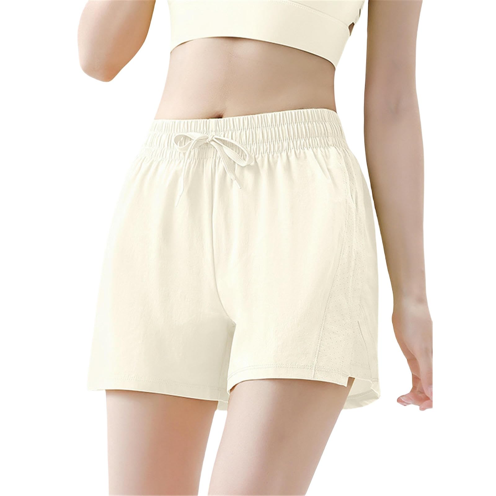 Short Femme Pantalons De Sport Formation Anti-Exposition Running Shorts Fitness Yoga Pantalon en Mailles Respirantes-Blanc Crème-l