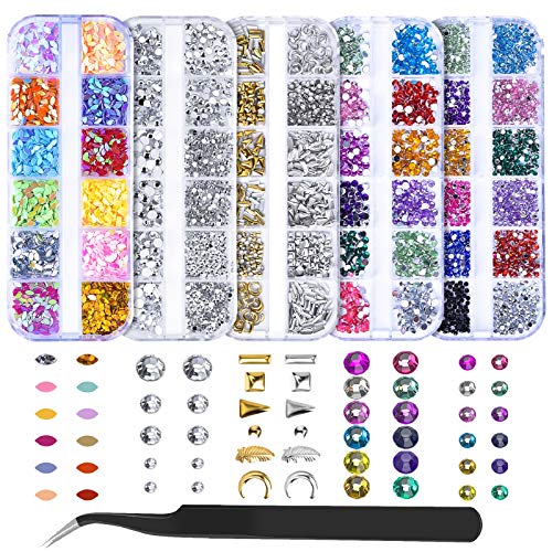 5 Boxes Nail Art Rhinestones 51 Styles Colored Round & Multi-shape Nail Gems Nail Design Kit Accessories Nail Glitter Crystals Jewels Diamonds for Nail Decoration, Make-up, DIY, Clothing, Phone Decor