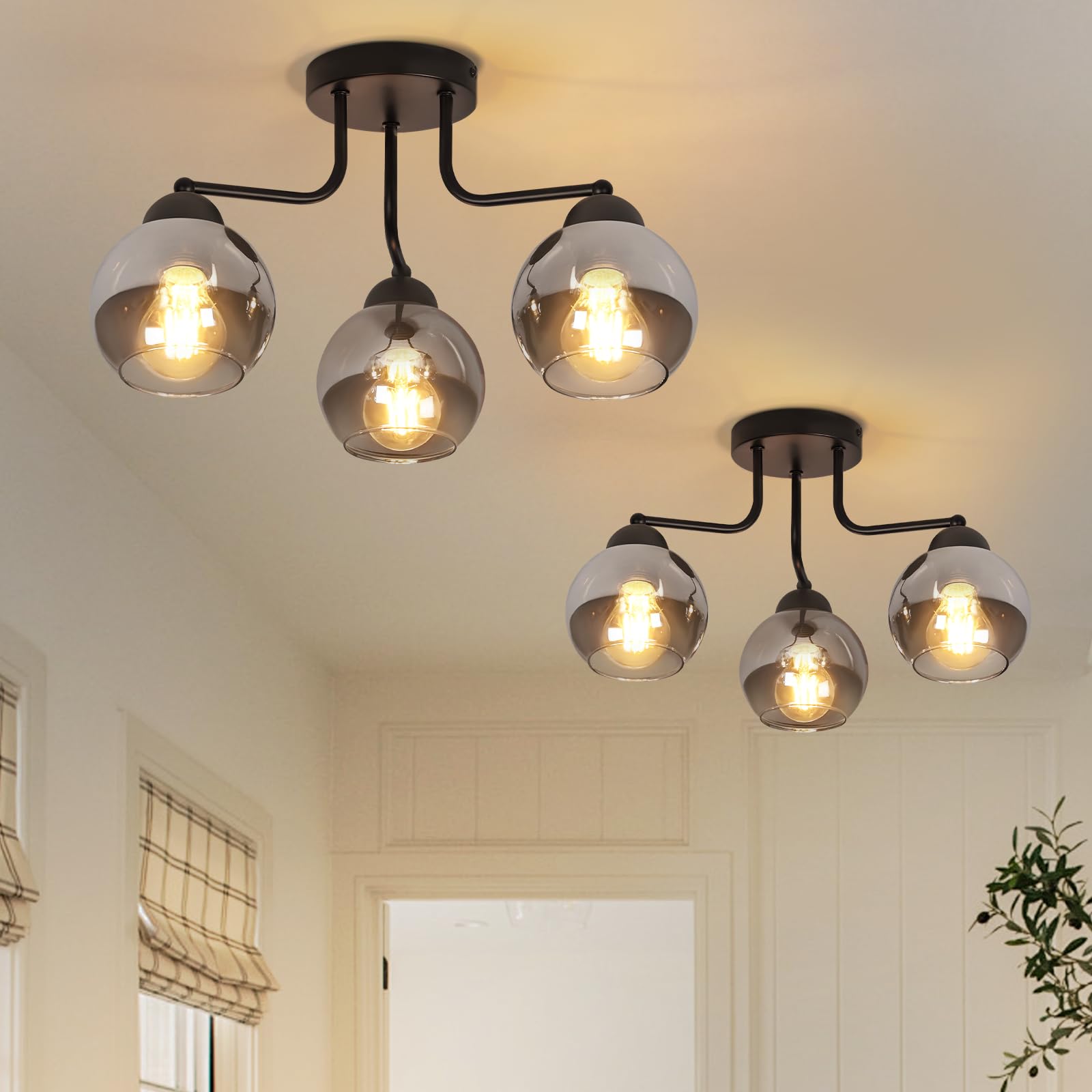 Kowanie Deckenleuchte Glas Deckenlampe Schwarz: 2er Set Vintage Küchenlampe Decke 3 flammig Industrial E27 Fassung Kugel Deckenbeleuchtung rund für Küche Wohnzimmer Schlafzimmer - Ohne Leuchtmittel