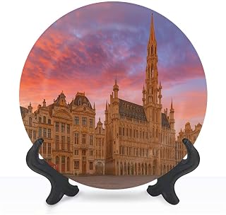 Decorative Ceramic Plates for Display with Stand, 8" Brussels Grand Place Beautiful Summer Sunrise Belgium Dinner Plate for Wall Hanging Tabletop Decor Home Housewarming Gifts