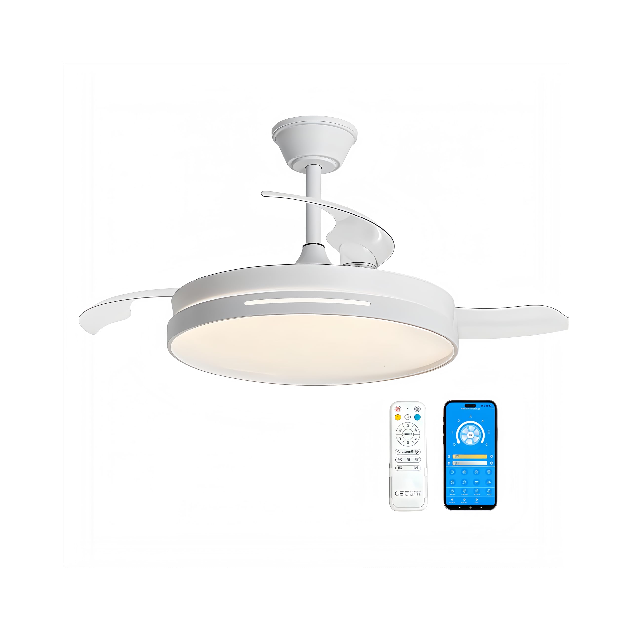 Ventilador de Techo con aspas plegables con luz Led 66W, 30W Motor DC+36W Luz 2880LM, Mando a Distancia, 6 velocidades, Silencioso,función verano-invierno, temporizador, Temperatura CCT (Blanco Liso)