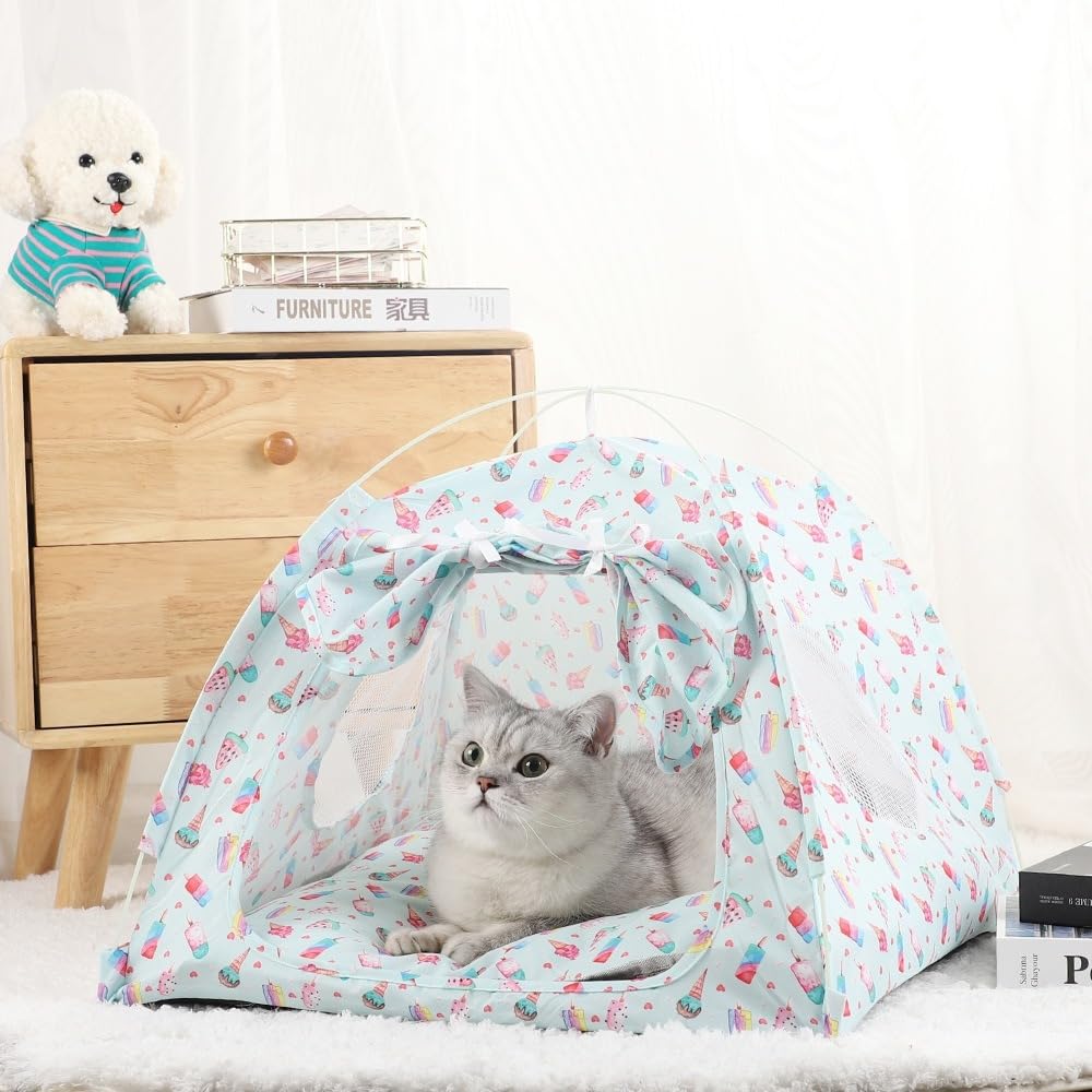 Selena Dog House Cat Bed Tents Indoor Outdoor Lace Mesh Breathable Windows Door Curtains Removable Portable Pet Nest Teepe (Small,Blue)