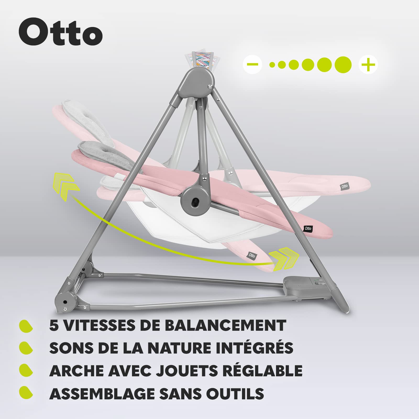 LIONELO Otto transat Bebe balancelle Bebe jusqu'à 9 kg, Jouets interactifs, Sons de la Nature, 5 Vitesses de bercement, Coussin pour la tête, Fonctionnement Silencieux