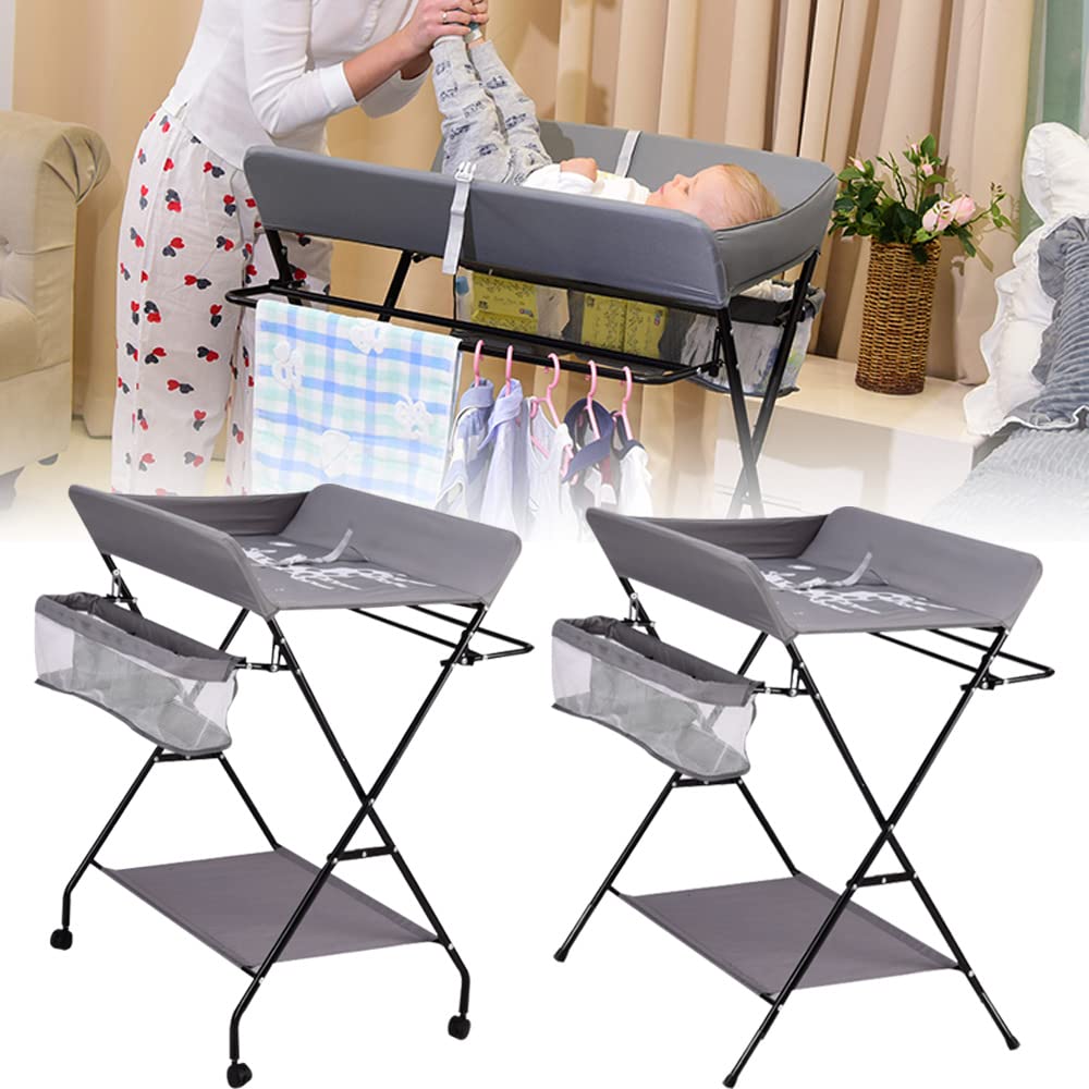 Cambiador de bebé plegable con 4 ruedas giratorias con freno y cambiador, altura ajustable, cómoda para cambiar pañales con compartimento de almacenamiento, color gris oscuro
