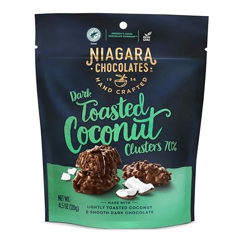 Niagara Chocolates 70% chocolate negro tostado en racimos de coco (4.5 onzas), sin OMG, chocolate de primera calidad, hecho a mano