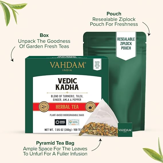 VAHDAM Vedic Kadha Teabags (100 count) Indian Ancient Recipe | Natural Herbal Tea for Wellness|Blend of: Turmeric, Black Pepper, Amla, Tulsi, Ginger, Cloves| Non GMO| Pyramid Tea Bags