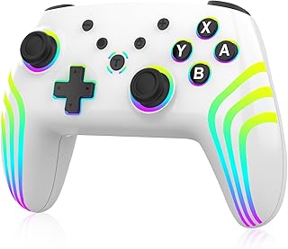 Mando Inalámbrico para consola Switch/Lite/OLED, Mando Switch Pro con iluminación RGB Que Cambia de Color/Vibración Dual/Giroscopio de 6 Ejes/Despertar, Joystick Preciso de Diseño Ergonómico, Blanco