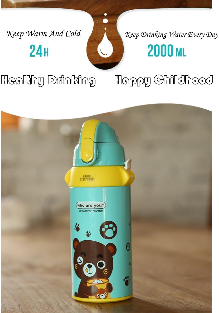 TENTA Kitchen Vacuum Insulated Water Bottle With 2 Caps –Straw And Screwed Cap - 18/8(304) Stainless Steel Thermoses Water Tumbler Mug Straw Bottle For Kids,19.8Oz(580ml),Cyan