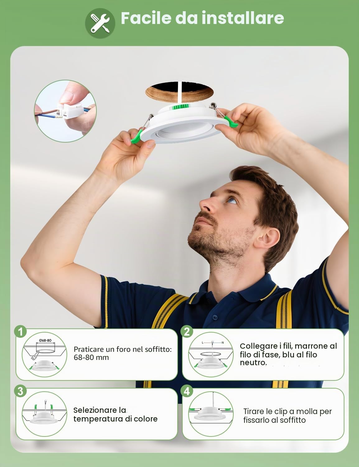 Faretti LED da Incasso Orientabili, Foro Ø68-80 mm, 5 W 450 lm | Set da 12, 3000/4000/6000 K a Scelta, IP44, Non Dimmerabili, Faretti da Soffitto in Cartongesso per Bagno, Cucina e Soggiorno