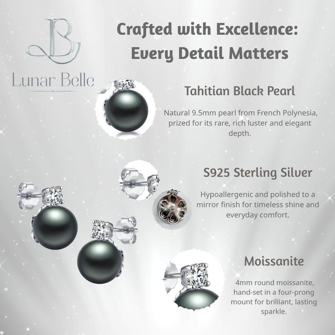 Lunar Belle 10mm Tahitian Black Pearl Stud Earrings with Moissanite Accents in 925 Sterling Silver, Elegant Fine Jewelry Gifts for Women (Ocean Bloom Whisper) - Image 4