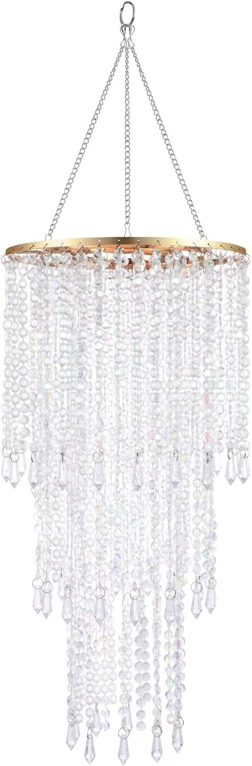 FlavorThings Modern Chrome Beaded Hanging Chandelier (W10.25 x H20”)，3 Tiers Beads Pendant Shade Gold Frame, Ceiling Chandelier Beaded Lampshade with Acrylic Jewel Droplets (H20Gold)