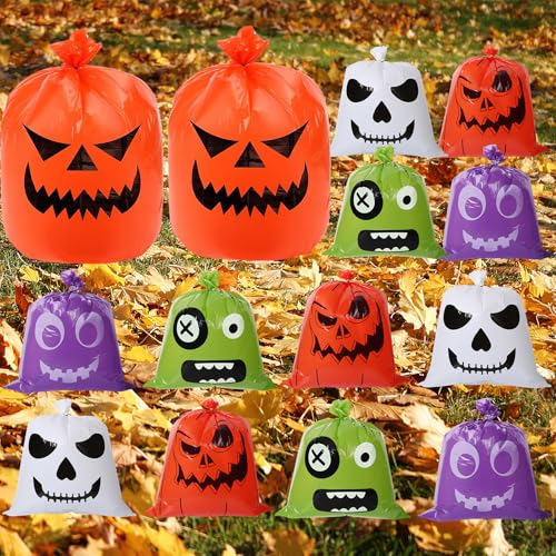 Hlimior ハロウィンリーフバッグ14枚 - L2枚と小12個、カボチャツイストゴミ袋秋の芝生やパティオの装飾に最適。秋のパーティーやハロウィンの屋外装飾にツイストが付いたパンプキン芝生バッグ14枚。