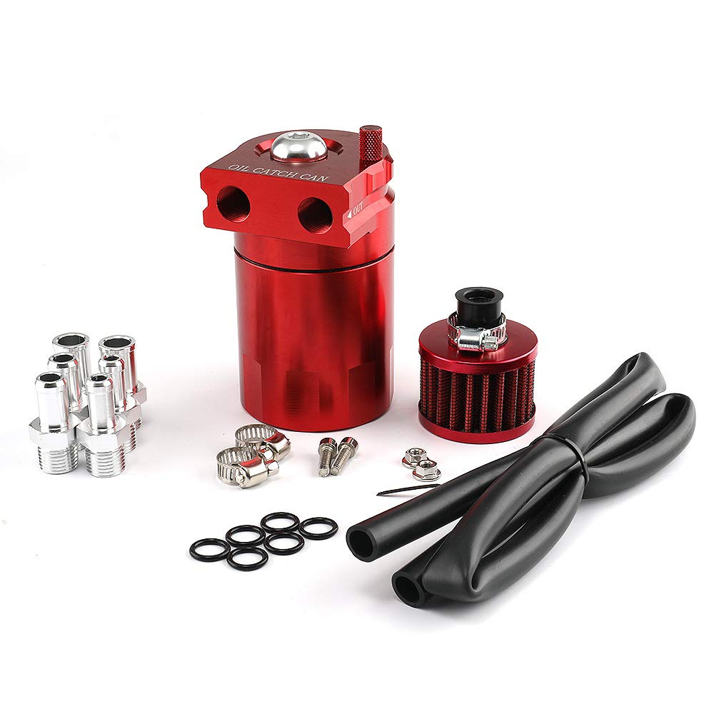 Oil Catch Can Zbiornik ze zbiornikiem odpowietrzającym, filtr zbiornika, oszołomione aluminium Universal OCC025, wysokiej jakości ochrona silnika do pojazdów z turbosprężarką Srebrny Czerwony Czarny